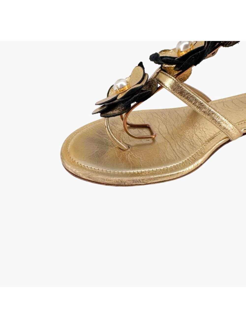 Chanel Camellia Pearl T-Strap Sandals Gold Leather Size 37C US 6–6.5 Women Flat - Picture 12 of 15